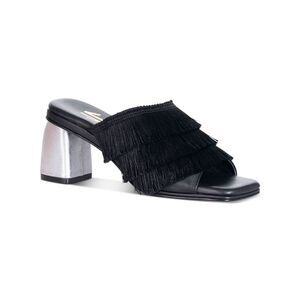 SILVIA COBOS Womens Black Fringed Chacha Slip On Leather Heeled Sandal 7